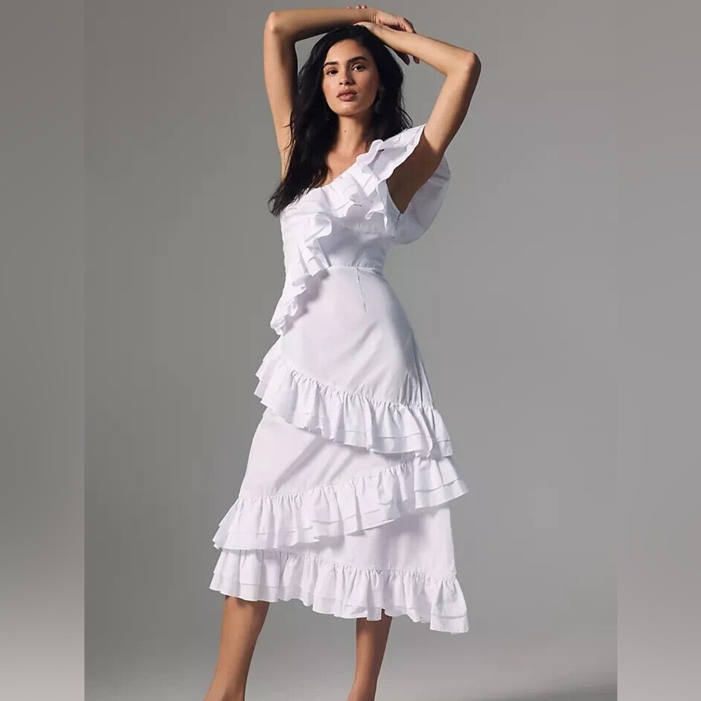 NWT Celia B Elizi One Shoulder Tiered Ruffle Dress White